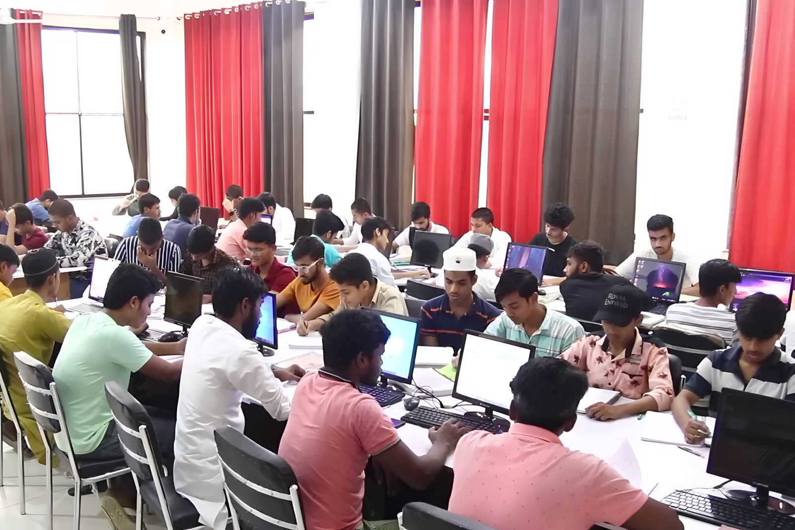 A large classroom following the lesson on the board